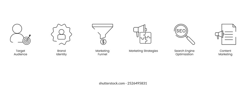 Conjunto de ícones do público-alvo e da identidade da marca com funil de marketing, estratégias de marketing, SEO e marketing de conteúdo