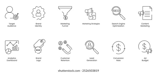 Target Audience and Brand Identity Icon Set Featuring Marketing Funnel, Marketing Strategies, SEO, Content Marketing, Analytical Dashboard, Brand Logo, Customer Retention, Lead Generation 