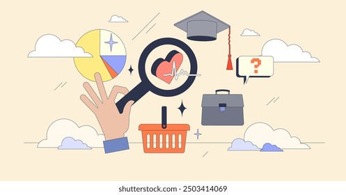 Target audience and client habits research tiny person neubrutalism concept. Customer group selection using demographics, education, job and health factors vector illustration. Focused social niche.