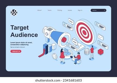 Target audience concept in 3d isometric design for landing page template. People studying customer trends and focus group, creating advert campaigns, attract new clients. Vector illustration for web
