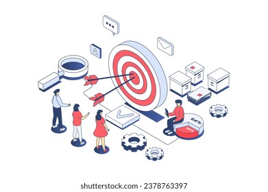 Target audience concept in 3d isometric design. Business team studying customer focus group, creating advertising for attract clients. Vector illustration with isometry people scene for web graphic