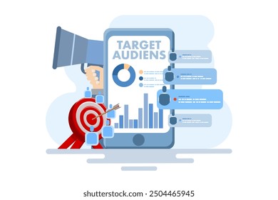 Target audience concept, advertising placement on social networks in smartphone applications, customer outreach, digital targeting marketing, business goals, sales generation. flat vector illustration