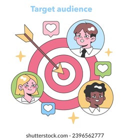 Target audience concept. Dart hits the center of a vibrant target, surrounded by diverse professional avatars expressing interest. Engaging potential customers. Flat vector illustration