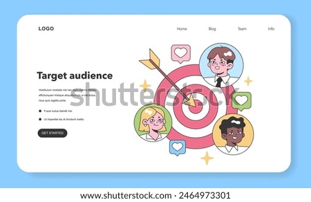 Target audience concept. Dart hits the center of a vibrant target, surrounded by diverse professional avatars expressing interest. Engaging potential customers. Flat vector illustration