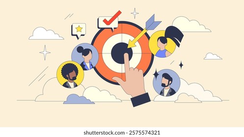 Target audience concept with diverse avatars around a dartboard. Key elements, dartboard, avatars, hand. Neubrutalism style.