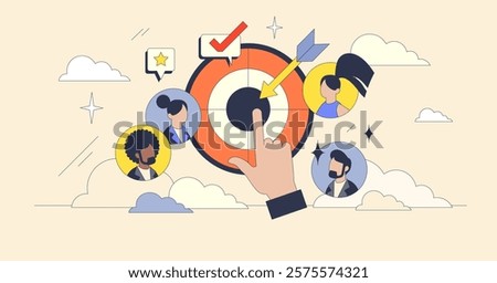 Target audience concept with diverse avatars around a dartboard. Key elements, dartboard, avatars, hand. Neubrutalism style.