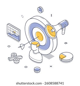 Target audience concept. Isometric line illustration featuring a megaphone targeting a bullseye, conveying concepts of communication and data analysis. It represents modern infographics style