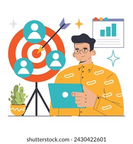 Target Audience concept. Man with tablet beside a dartboard, zeroing in on specific user groups. Digital marketing, precise reach, audience metrics. Bold color scheme. Flat vector illustration