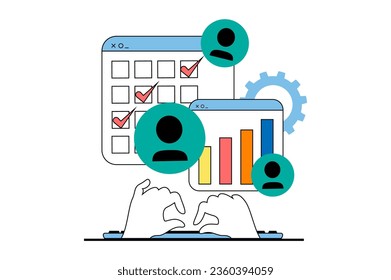 Target audience concept with people scene in flat web design. Social survey processing, study focus group data and lead generation. Vector illustration for social media banner, marketing material.