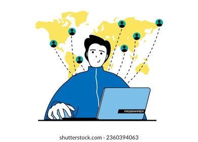 Target audience concept with people scene in flat web design. Man attracting aiming customers and connecting with global clients. Vector illustration for social media banner, marketing material.