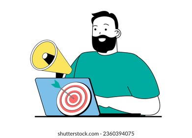 Target audience concept with people scene in flat web design. Man with megaphone making lead generation, aiming at customers group. Vector illustration for social media banner, marketing material.