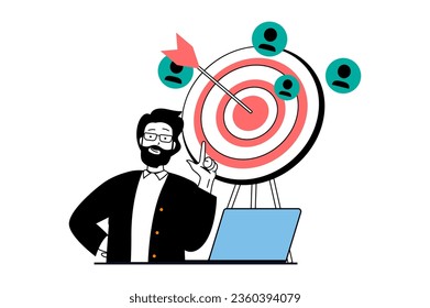 Target audience concept with people scene in flat web design. Man aiming in dart, attracting customers and making advertising campaign. Vector illustration for social media banner, marketing material.