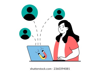 Target audience concept with people scene in flat web design. Woman with magnet attracting clients and generating internet traffic. Vector illustration for social media banner, marketing material.