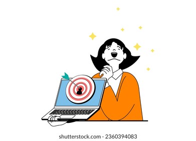 Target audience concept with people scene in flat web design. Woman researching market data, making advertising and attracting clients. Vector illustration for social media banner, marketing material.