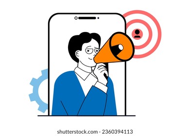 Target audience concept with people scene in flat web design. Man with megaphone promoting and attracting focus group of new clients. Vector illustration for social media banner, marketing material.