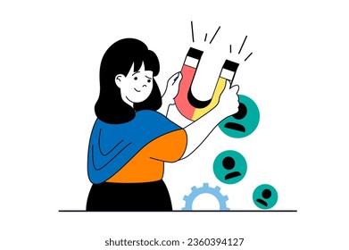 Target audience concept with people scene in flat web design. Woman with magnet attracting new customers and promoting business. Vector illustration for social media banner, marketing material.