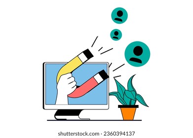Target audience concept with people scene in flat web design. Finding new clients and lead generation, customer attraction campaign. Vector illustration for social media banner, marketing material.