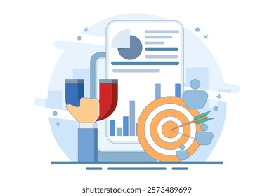 Target audience concept. Placing ads on social networks in smartphone applications. Customer reach, digital marketing, business goals, sales gain. Modern flat cartoon style. Flat vector illustration.
