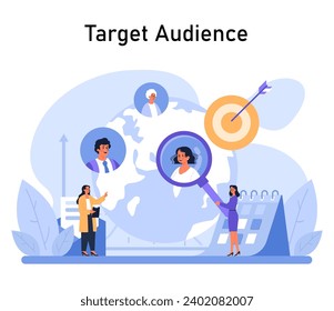 Target Audience concept. A strategic focus on customer demographics, with detailed segmentation and precise market targeting strategies. Engaging global audience insights. Flat vector illustration