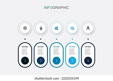target audience, consumer, niche, analyze, decision icons Infographic design template. Creative concept with 5 steps