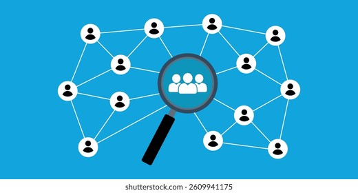 Target audience and customer focus concept. A black magnifying glass highlighting a group of people icons on wooden circles, representing audience targeting, customer focus, digital marketing strategy