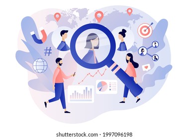 Target Audience, Customers Outreach. Business Goal Concept. Digital Targeting Marketing, Sales Generation. Tiny People Set Up Advertice On Social Networks. Modern Flat Cartoon Style. Vector 