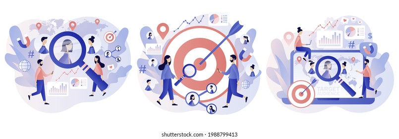 Target audience, customers outreach, digital targeting marketing, business goal, sales generation. Tiny people set up advertice on social networks. Modern flat cartoon style. Vector illustration 