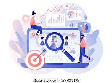 Target Audience, Customers Outreach, Digital Targeting Marketing, Business Goal. Tiny People Targetologist Set Up Advertice On Social Networks On Laptop. Modern Flat Cartoon Style. Vector Illustration