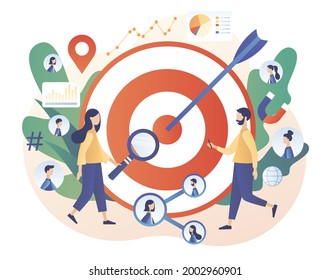 Target audience, customers outreach, digital targeting marketing, sales generation. Tiny people set up advertice on social networks. Big business goal. Modern flat cartoon style. Vector illustration 