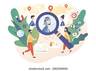 Target audience, customers outreach. Tiny people set up advertice on social networks. Business goal concept. Digital targeting marketing, sales generation. Modern flat cartoon style. Vector 