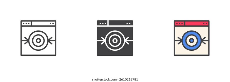 Target Audience different style icon set. Line, glyph and filled outline colorful version, outline and filled vector sign. Target in a web browser window symbol, logo illustration. Vector graphics
