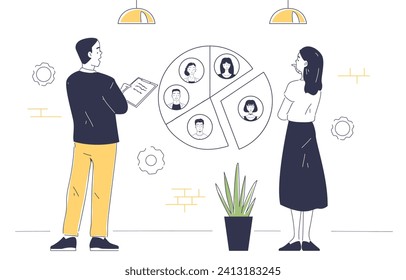 Target audience doodle concept. Man and woman with graphs, charts and diagrams. Team of analysts conduct marketing research. Infographics and statistics. Linear flat vector illustration