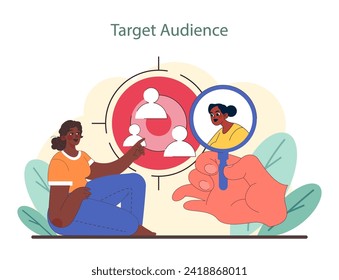 Target audience exploration in niche marketing. Visual representation of demographic analysis and focused customer engagement for market precision. Flat vector illustration.