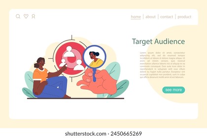 Target audience exploration in niche marketing. Visual representation of demographic analysis and focused customer engagement for market precision. Flat vector illustration.