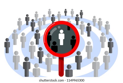 Target audience, find the right person. Magnifying glass and dartboard design vector concept isolated on white background.