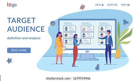 Target Audience Flat Vector Landing Page Template. Corporate Staff Personal Profiles with Avatars on Computer Screen. Online Advertisement Strategy Homepage Cartoon Layout. Lead Generation