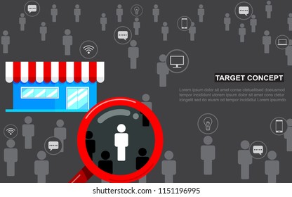 Target audience, focus customer. Magnifying glass, store flat design, icon vector. Business consumer marketing concept.