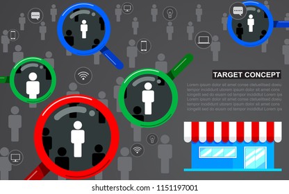 Target audience, focus customer. Magnifying glass, store flat design, icon vector. Business consumer marketing concept.
