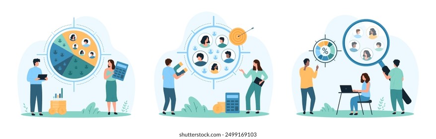 Target audience and focus group analysis set. Tiny people research customer survey results and clients profiles with magnifying glass, analyze segments of pie chart cartoon vector illustration