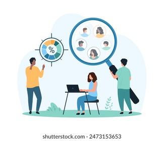 Target audience and focus group of customers research. Tiny people work with poll results charts, employees study clients profiles in target aim with magnifying glass cartoon vector illustration