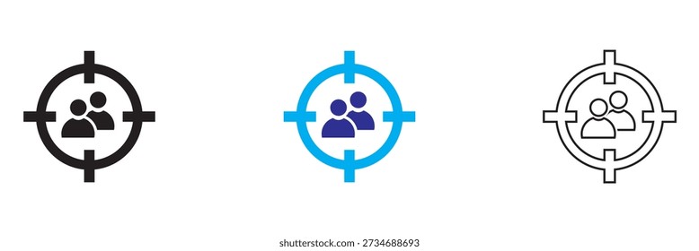 Symboldarstellung Zielgruppe Reinigen Sie den Vektor einer Gruppe von Personen innerhalb von Zielsymbolen in verschiedenen Stilen, die Zielgruppenadressierung, Benutzergruppen, Fokus und Marketingkonzepte darstellen.