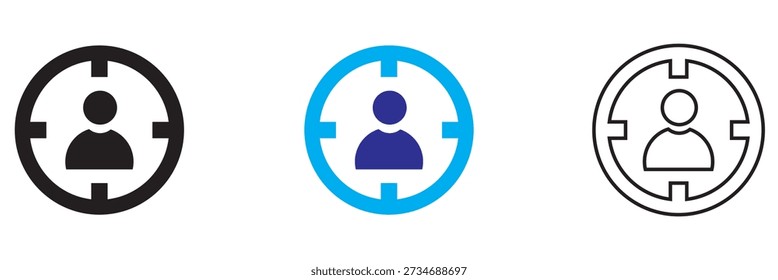 Symboldarstellung Zielgruppe Reinigen Sie den Vektor einer Gruppe von Personen innerhalb von Zielsymbolen in verschiedenen Stilen, die Zielgruppenadressierung, Benutzergruppen, Fokus und Marketingkonzepte darstellen.