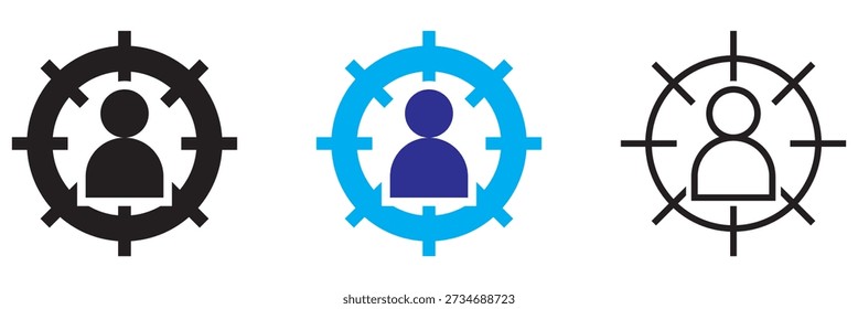 Symboldarstellung Zielgruppe Reinigen Sie den Vektor einer Gruppe von Personen innerhalb von Zielsymbolen in verschiedenen Stilen, die Zielgruppenadressierung, Benutzergruppen, Fokus und Marketingkonzepte darstellen.