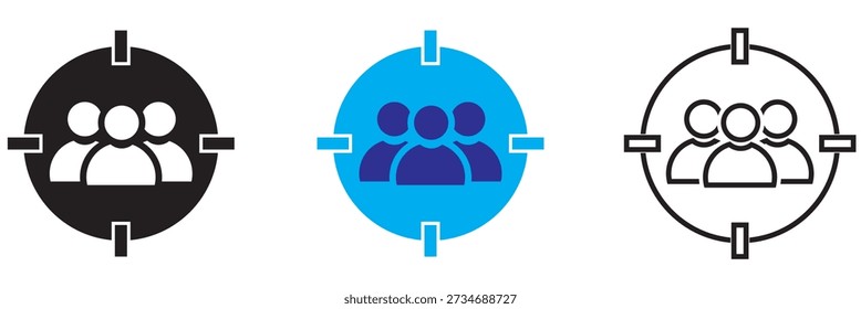 Symboldarstellung Zielgruppe Reinigen Sie den Vektor einer Gruppe von Personen innerhalb von Zielsymbolen in verschiedenen Stilen, die Zielgruppenadressierung, Benutzergruppen, Fokus und Marketingkonzepte darstellen.