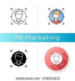 Target audience icon. Analyzing client. Career in company. Search for corporate employee. Lead generation. Hire for position. Linear black and RGB color styles. Isolated vector illustrations