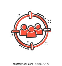 Target audience icon in comic style. Focus on people vector cartoon illustration pictogram. Human resources business concept splash effect.