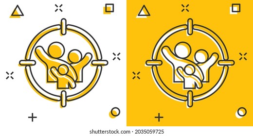 Target audience icon in comic style. Focus on people vector cartoon illustration pictogram. Human resources business concept splash effect.