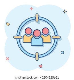 Target audience icon in comic style. Focus on people vector cartoon illustration pictogram. Human resources business concept splash effect.