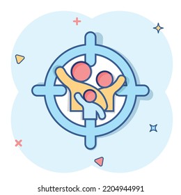 Target audience icon in comic style. Focus on people vector cartoon illustration pictogram. Human resources business concept splash effect.