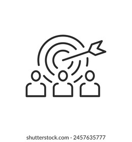 Target audience icon. Depicts a stylized group of figures with a dart hitting a target above them, symbolizing precise candidate search, talent acquisition. Vector illustration